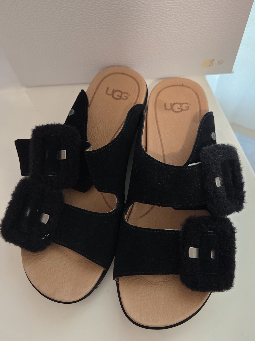 UGG Black Suede Double-Buckle Shearling Slide Mules